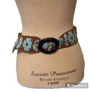 HADLEY POLLET BELT REVERSIBLE FABRIC BROWN BLUE TAN ORANGE FLORAL OS 38.5”L